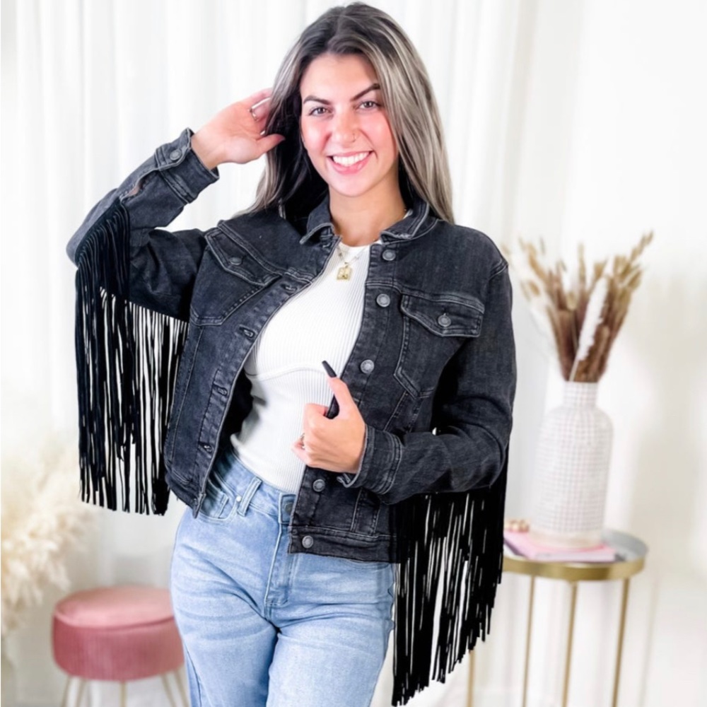 Judy Blue Black Fringe Jean Jacket 2XL nwot